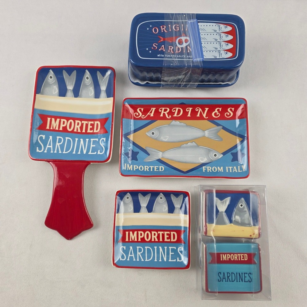 NWT Bundle of Sardine Kitchen Dishes Butter Dish, Spoon Rest S&P Set